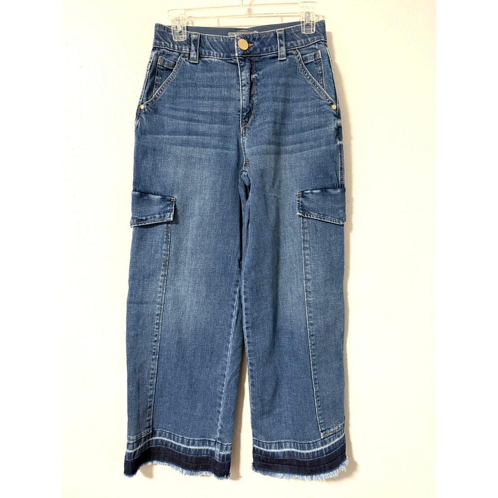 Wit & Wisdom Cargo Jeans Blue Wide Leg Raw Hem 4P High Rise Womens Elastic Waist